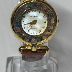 LA Express LAX371W Ladies Watch W/ Faceted Crystal Analog Brown Leather‎ Band